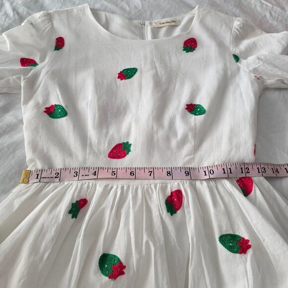 Womens White Linen Midi Strawberry Embroidered S Cottagecore Sundress PuffSleeve - Picture 6 of 11